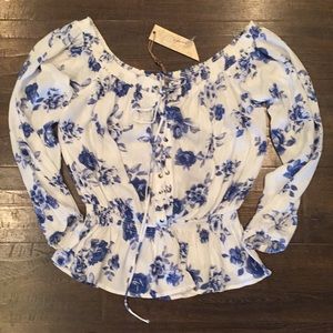 Blue & White Floral Lace Up Off Shoulder Top NWT